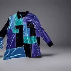Vintage 90s Koret Velvet Patchwork Button Up Shirt Jacket Embroidered Jewel Tone